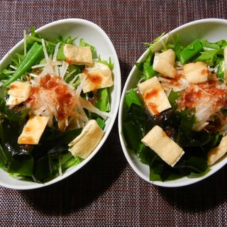 水菜と大根と油揚げと生ワカメとオクラのサラダ